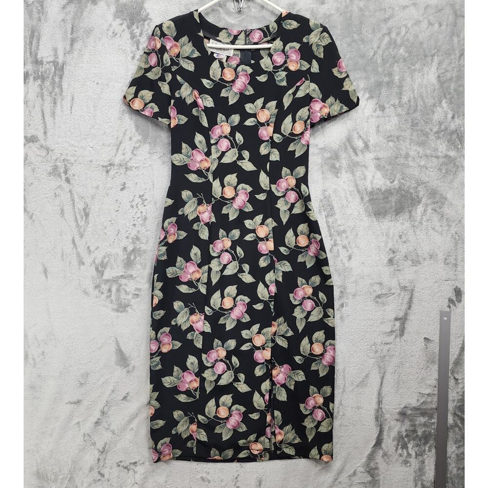 Vintage 90s La Belle Dress Womens 7 Juniors Black Floral Sheath Midi Back Zip